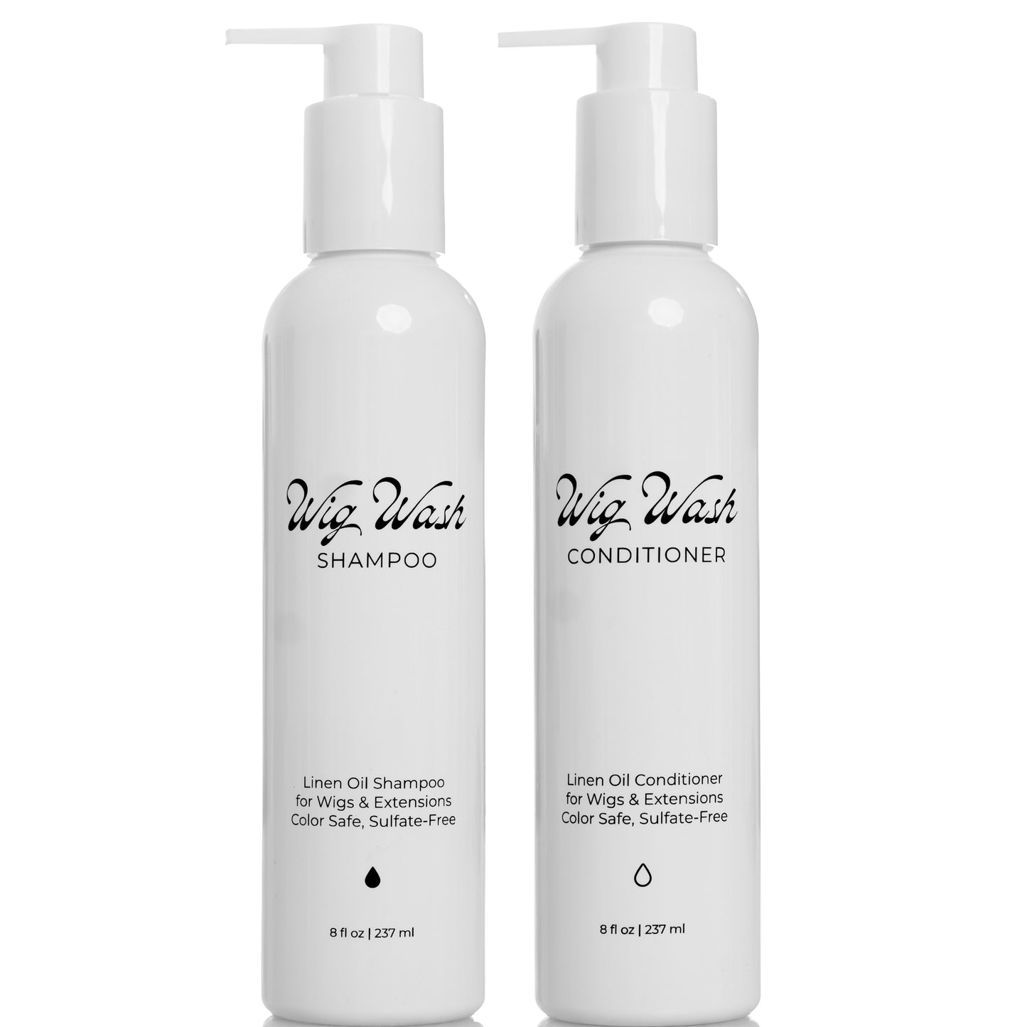 Wig Wash shampoo and conditioner set for human hair wigs and extensions, two white 8 oz pump bottles