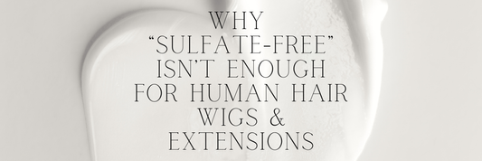 Wig Wash Shampoo and Conditioner for human hair wigs and extensions displayed on a vanity tray