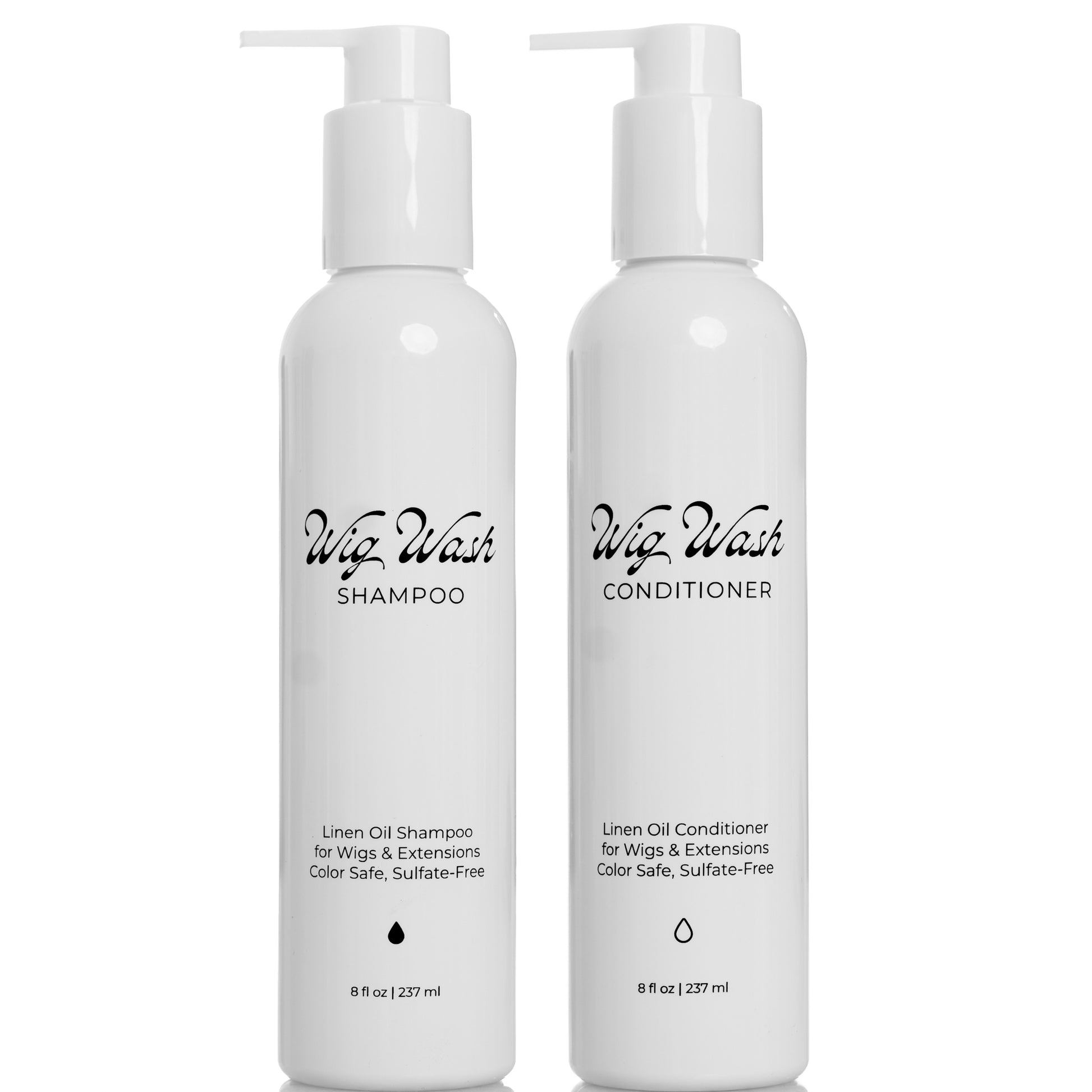 Wig Wash shampoo and conditioner set for human hair wigs and extensions, two white 8 oz pump bottles