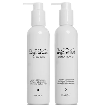 Wig Wash shampoo and conditioner set for human hair wigs and extensions, two white 8 oz pump bottles