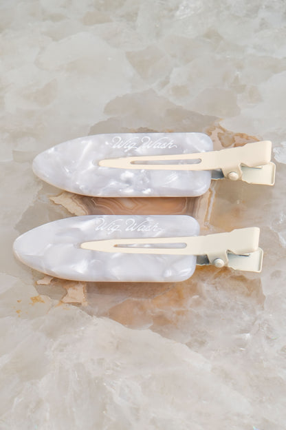 Creaseless hair clips for wigs and extensions by Wig Wash pearl white styling clips